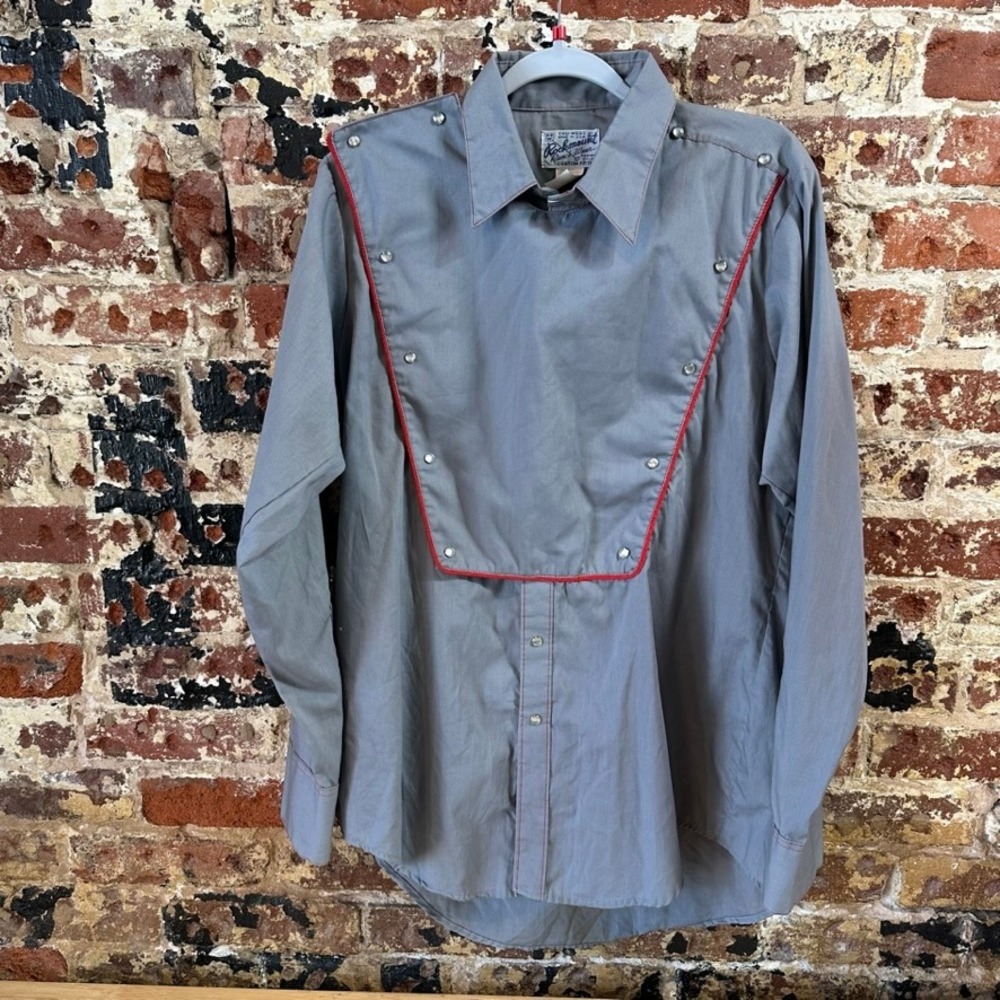 VTG Rockmount Ranch Wear Calvary Bib Western Shirt Pearl Snap L/S Gray Mens 16.5